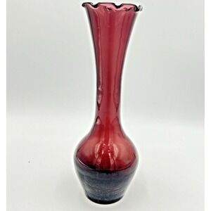 VTG 8" Purple / Amethyst Crackle Glass Bud Vase | Ruffled‎ Rim Edge | Hand Blown